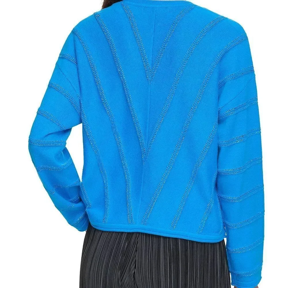DKNY V Neck Electric Blue Pointelle Knit Women’s Sweater Size Large